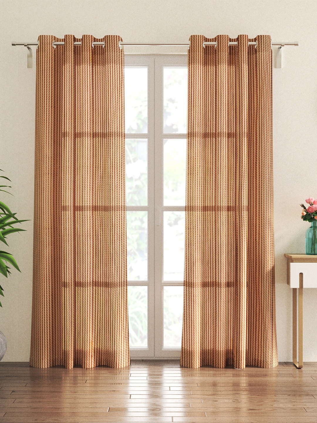 Home Centre 2 Pieces Brown Striped Sheer Door Curtains