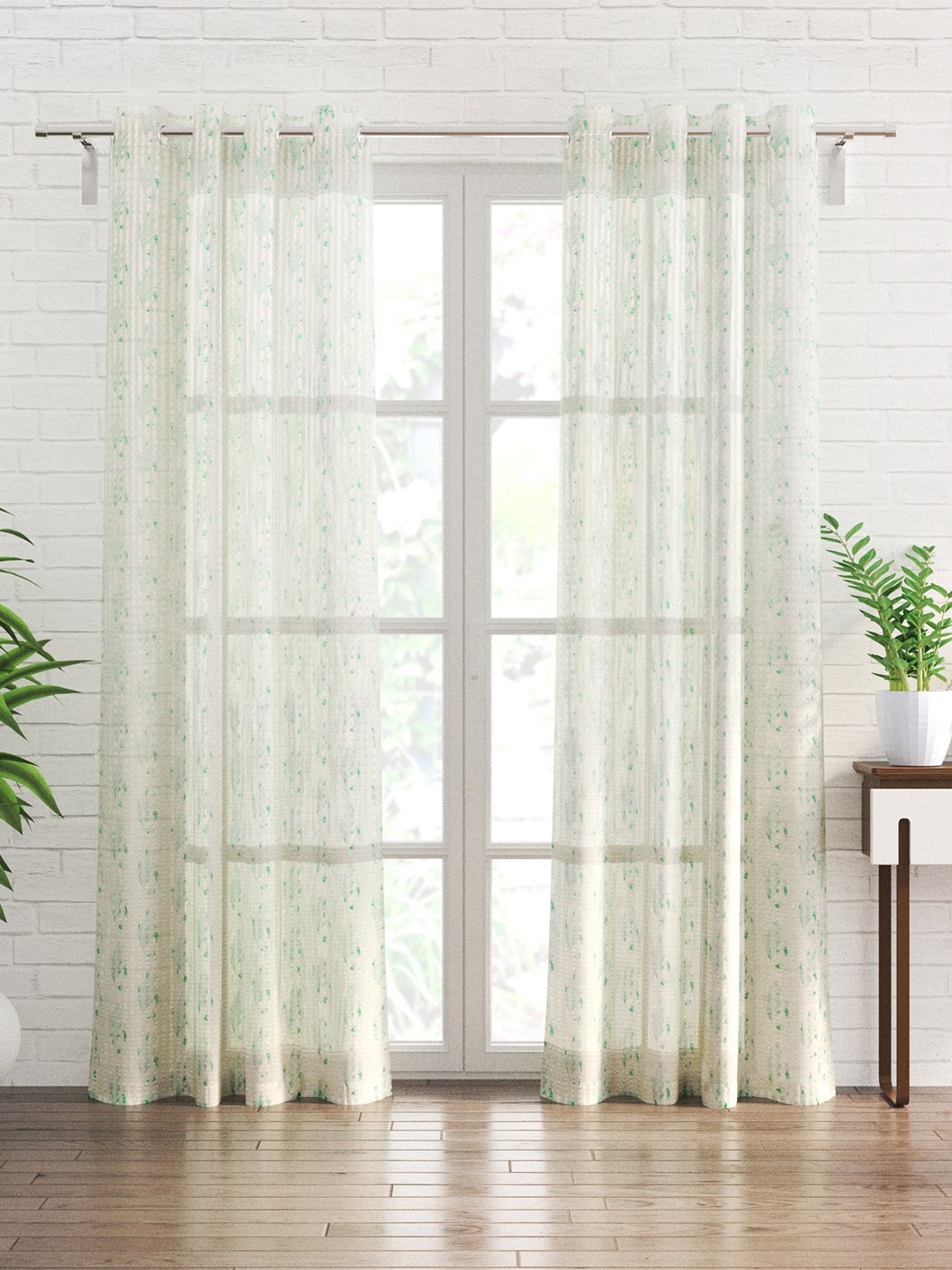 Home Centre Corsica White & Teal 2 Pieces Ethnic Motifs Sheer Door Curtains