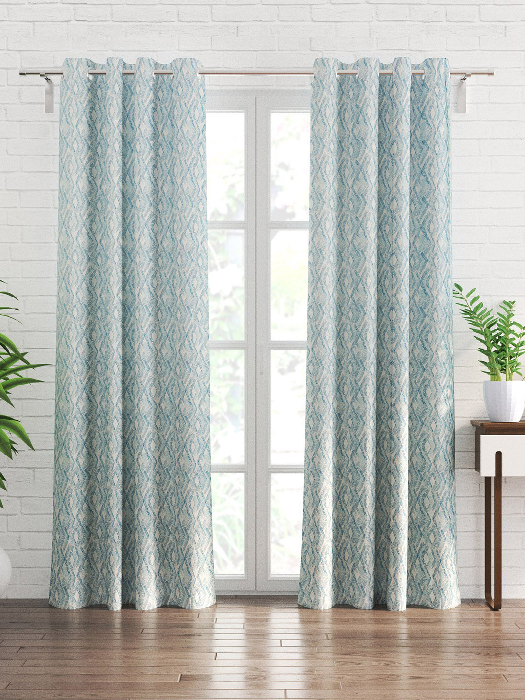 

Home Centre Fiesta Blue & White 2 Pieces Geometric Black Out Door Curtains