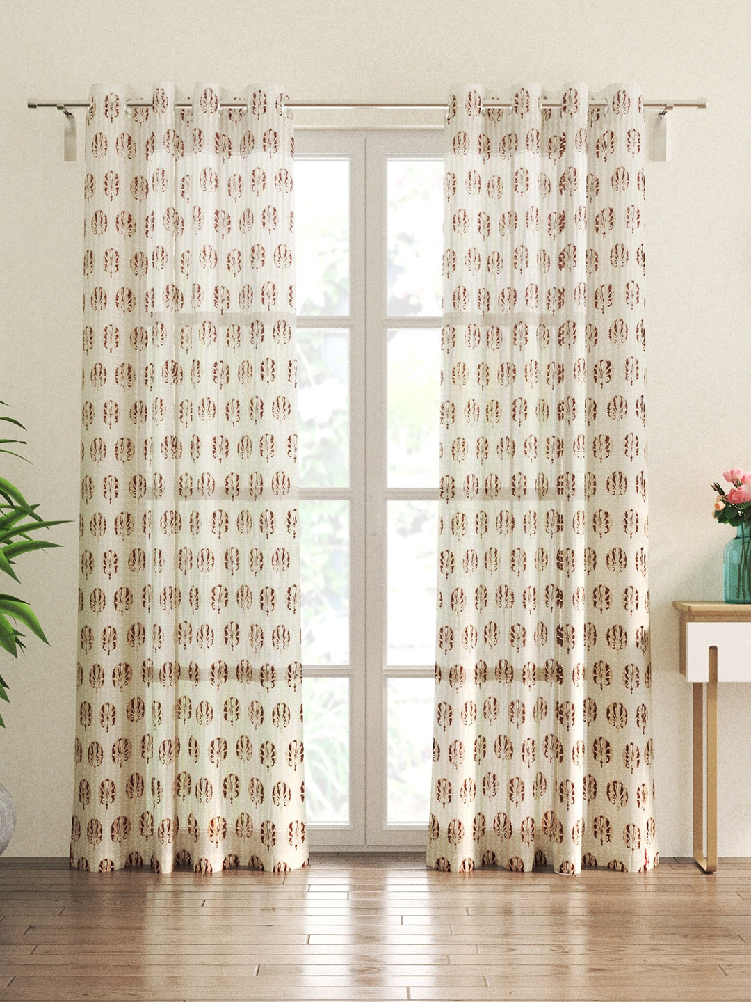 

Home Centre 2 Pieces White & Brown Ethnic Motifs Sheer Door Curtains