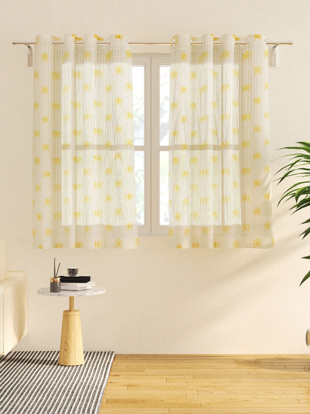 

Home Centre 2 Pieces Off White & Yellow Floral Sheer Window Curtains