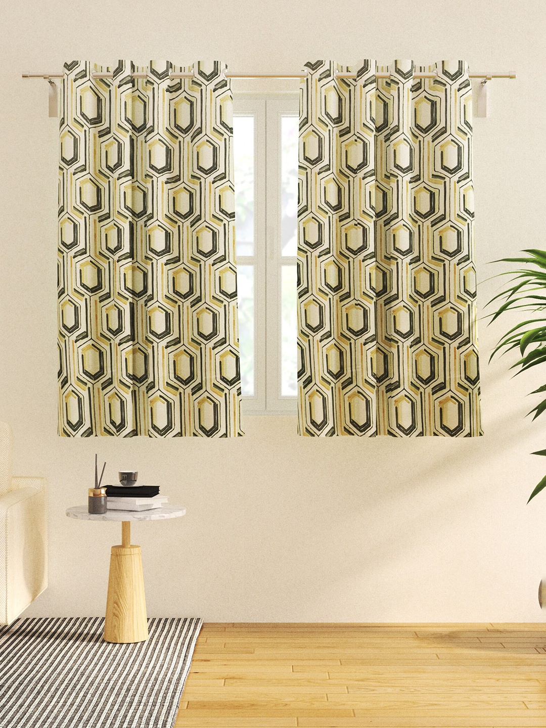 

Home Centre Fiesta Grey & White 2 Pieces Geometric Black Out Window Curtains