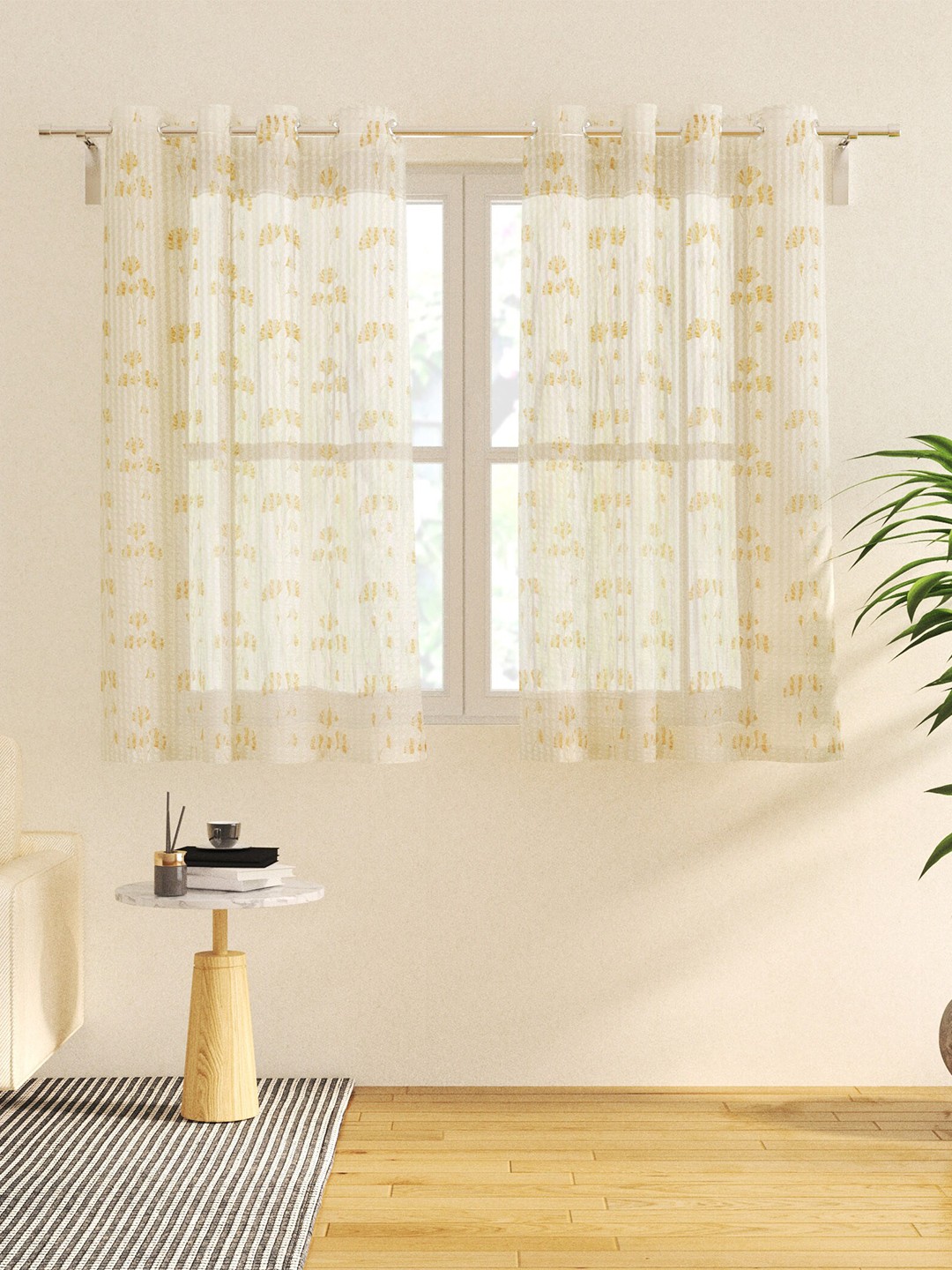 

Home Centre Corsica Beige & White 2 Pieces Floral Sheer Window Curtains