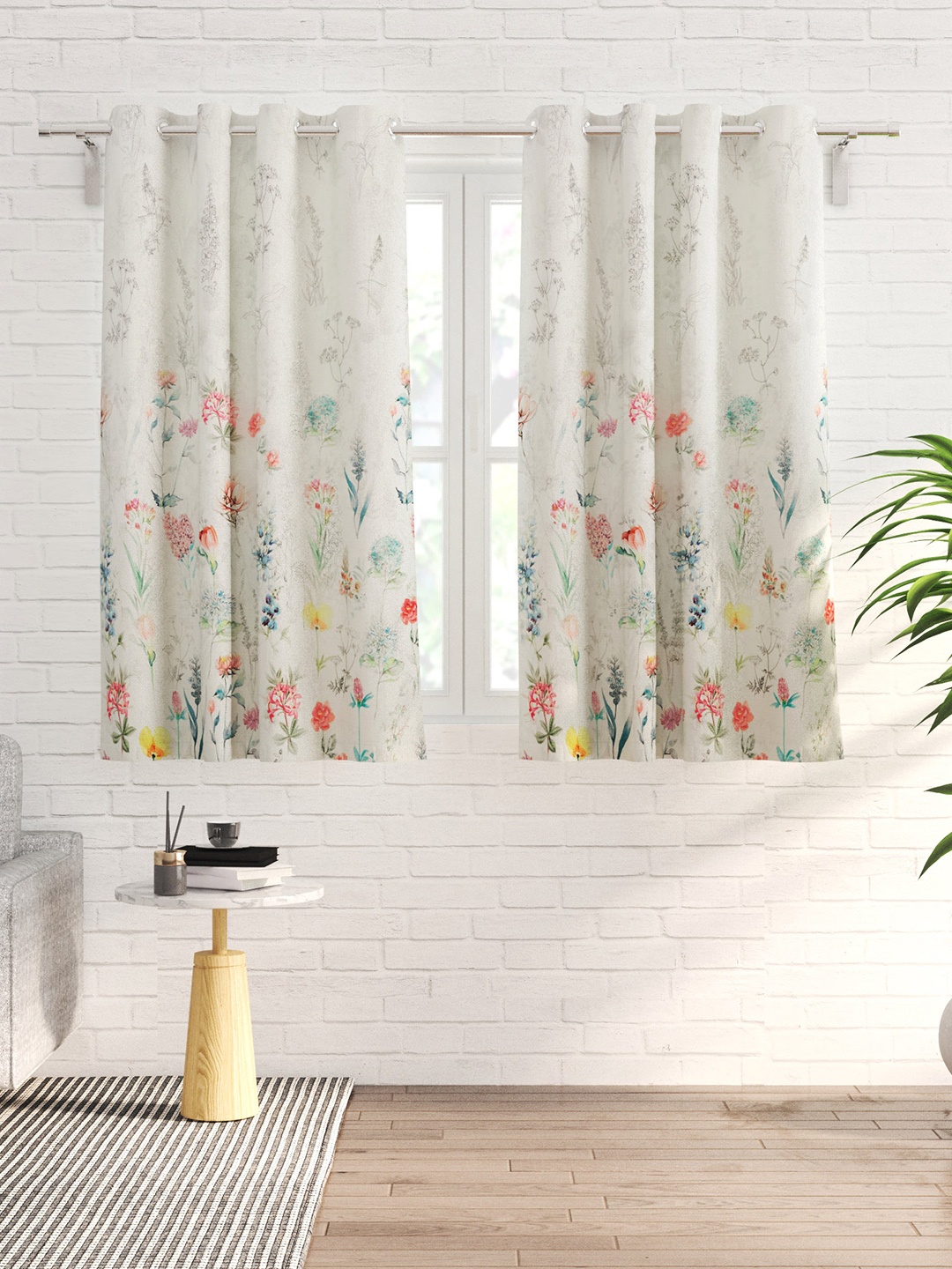 

Home Centre Fiesta White & Green 2 Pieces Floral Black Out Window Curtains