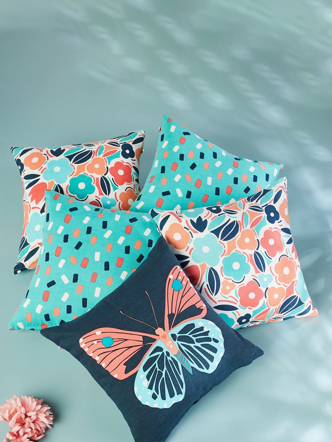 

Home Centre Pacific-Vera Blue & Orange 5 Pieces Floral Cotton Square Cushion Covers