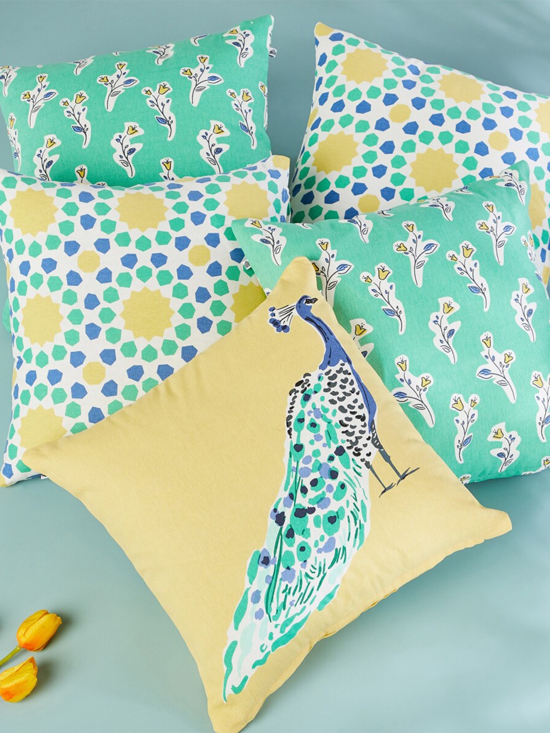 

Home Centre Pacific-Vera Green & Yellow 5 Pieces Floral Cotton Square Cushion Covers