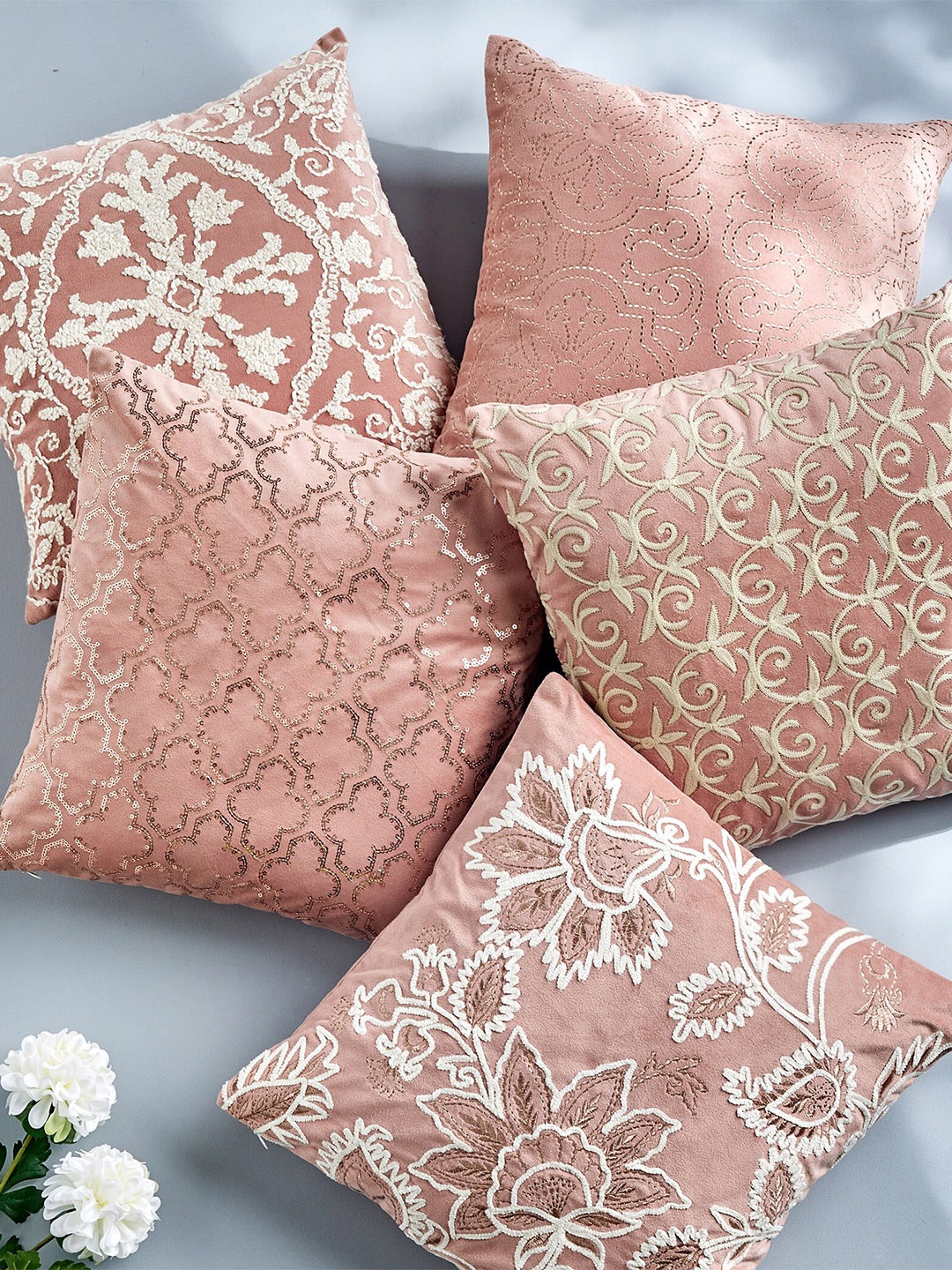 

Home Centre Endura Peach-Coloured & White Embroidered Square Cushion Cover