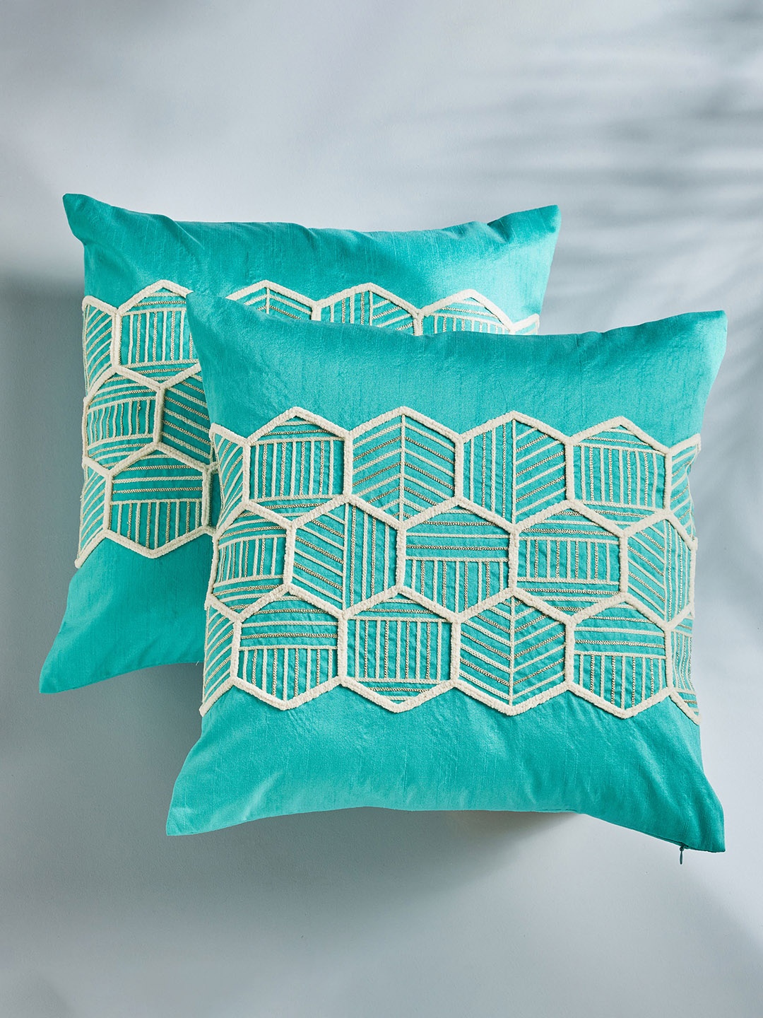 

Home Centre Adam Teal & White 2 Pieces Embroidered Square Cushion Covers