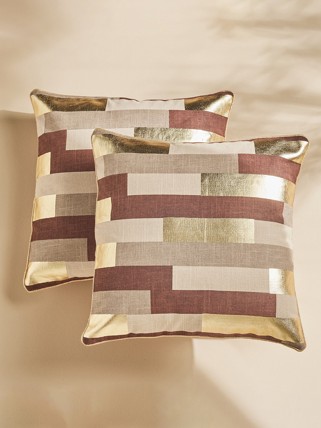 

Home Centre Celestial Brown & Gold-Toned 2 Pieces Striped Square Cushion Covers