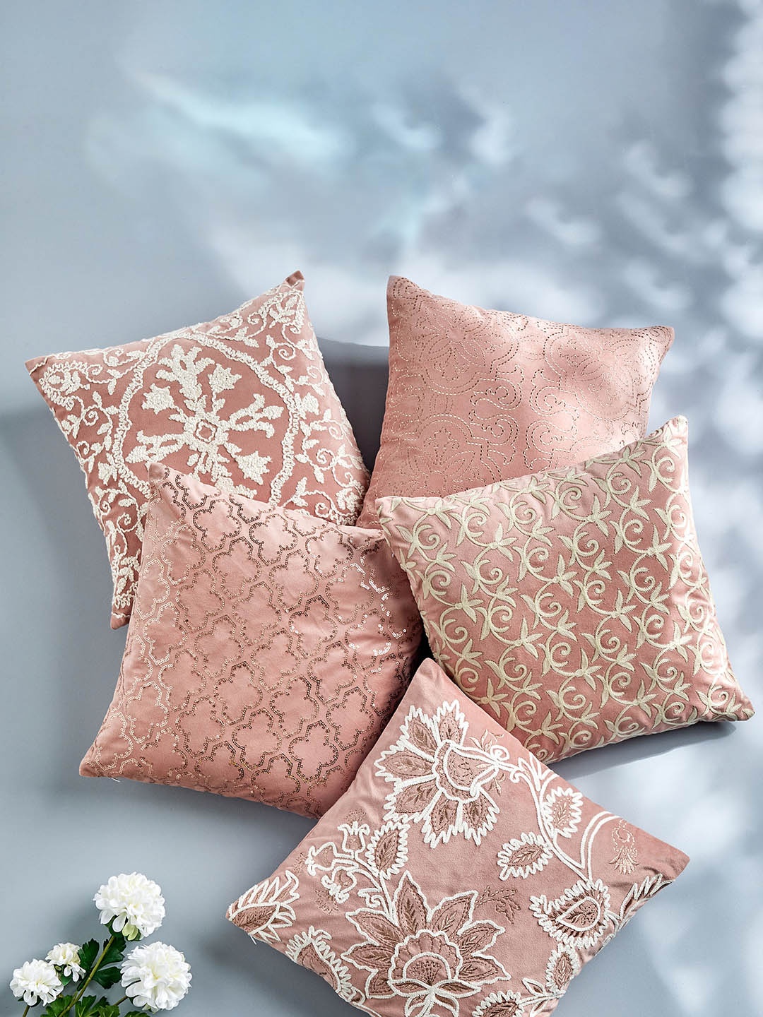 

Home Centre Endura Peach-Coloured & White 5 Pieces Embroidered Square Cushion Covers