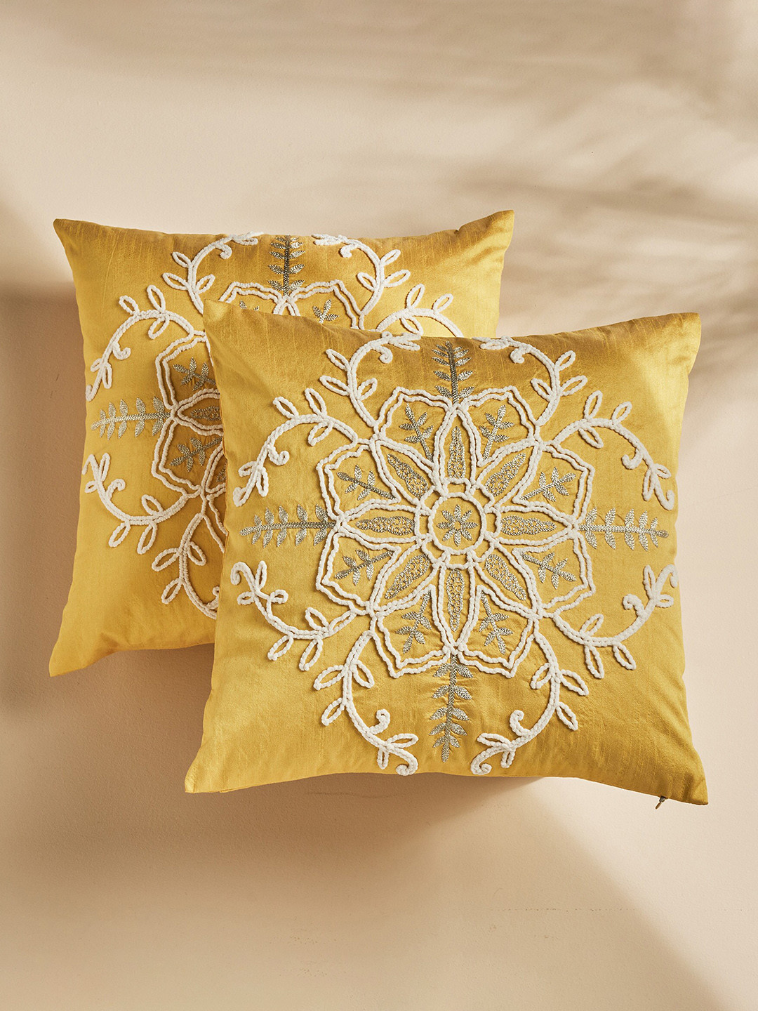 

Home Centre 2 Pieces Yellow & White Ethnic Motifs Square Cushion Covers