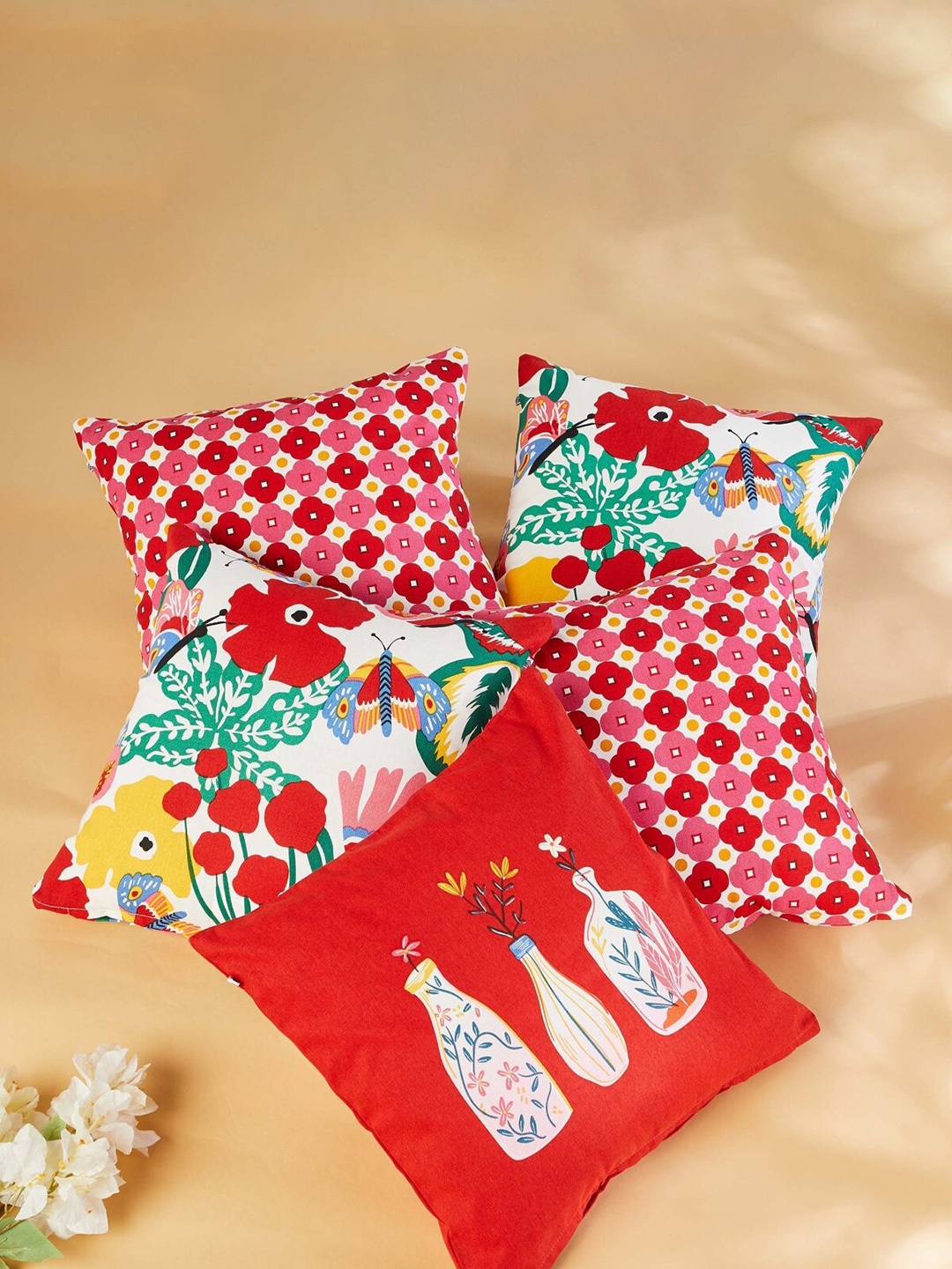 

Home Centre 5 Pieces Red & Green Printed Cotton Square Cushion Covers