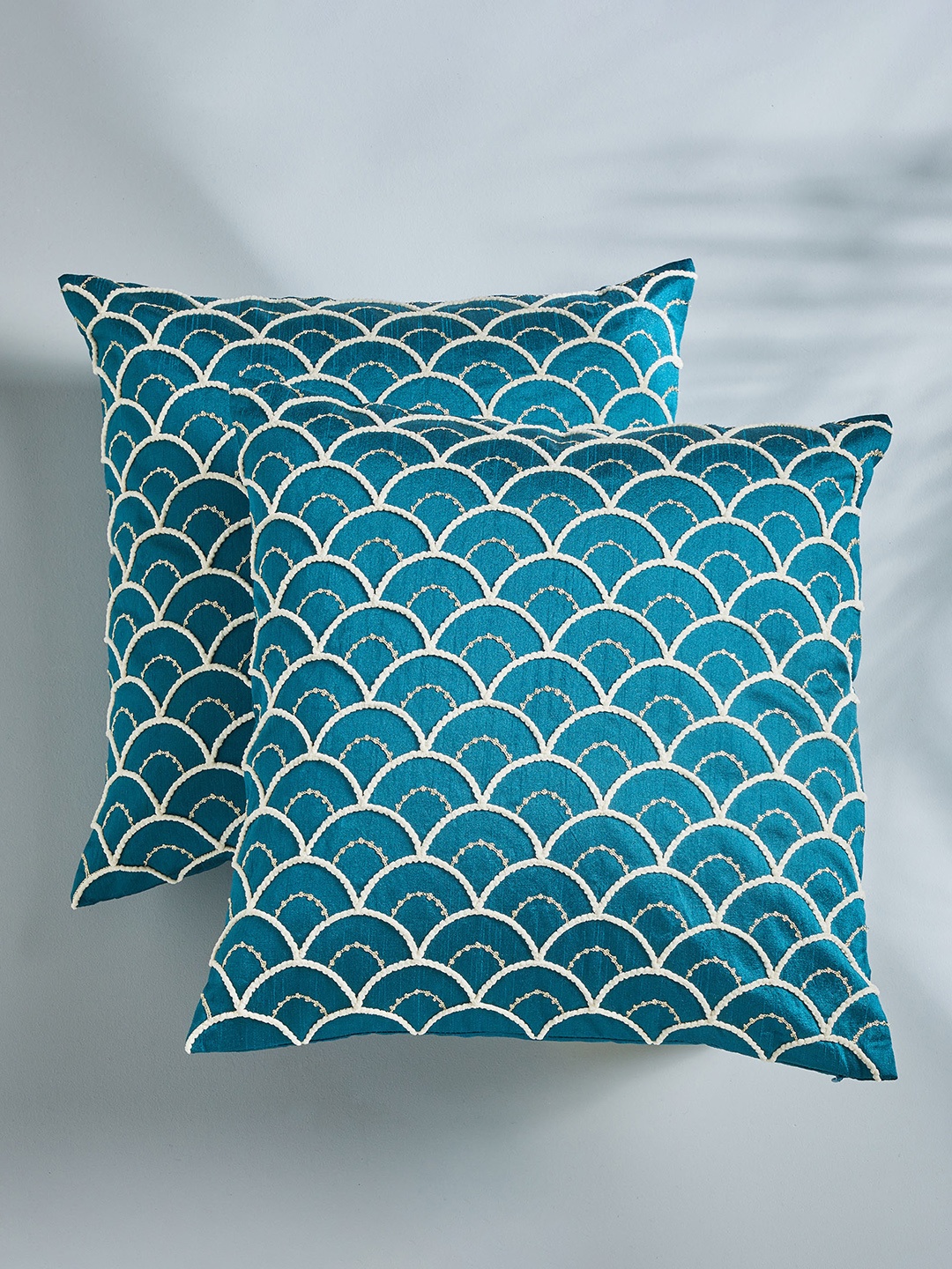 

Home Centre 2 Pieces Blue & Cream-Coloured Embroidered Square Cushion Covers