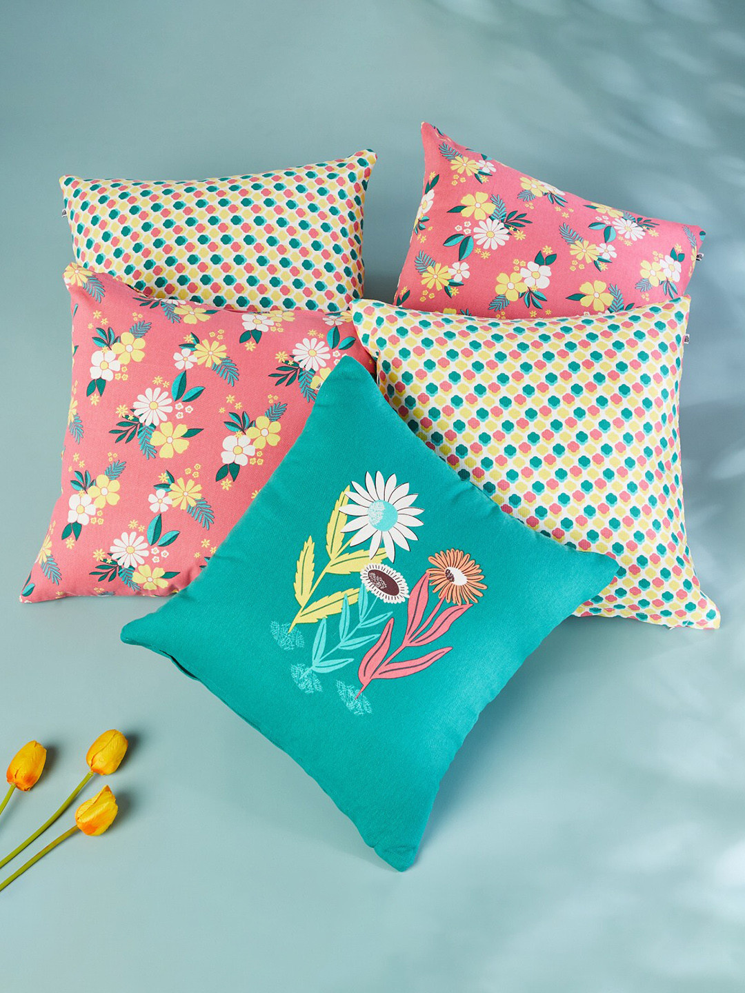 

Home Centre 5 Pieces Teal Blue & Pink Floral Cotton Square Cushion Covers