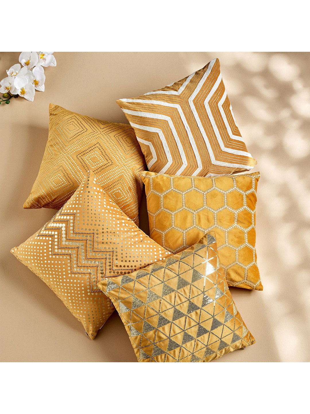 

Home Centre Yellow & Silver-Toned Embellished Square Cushion Cover