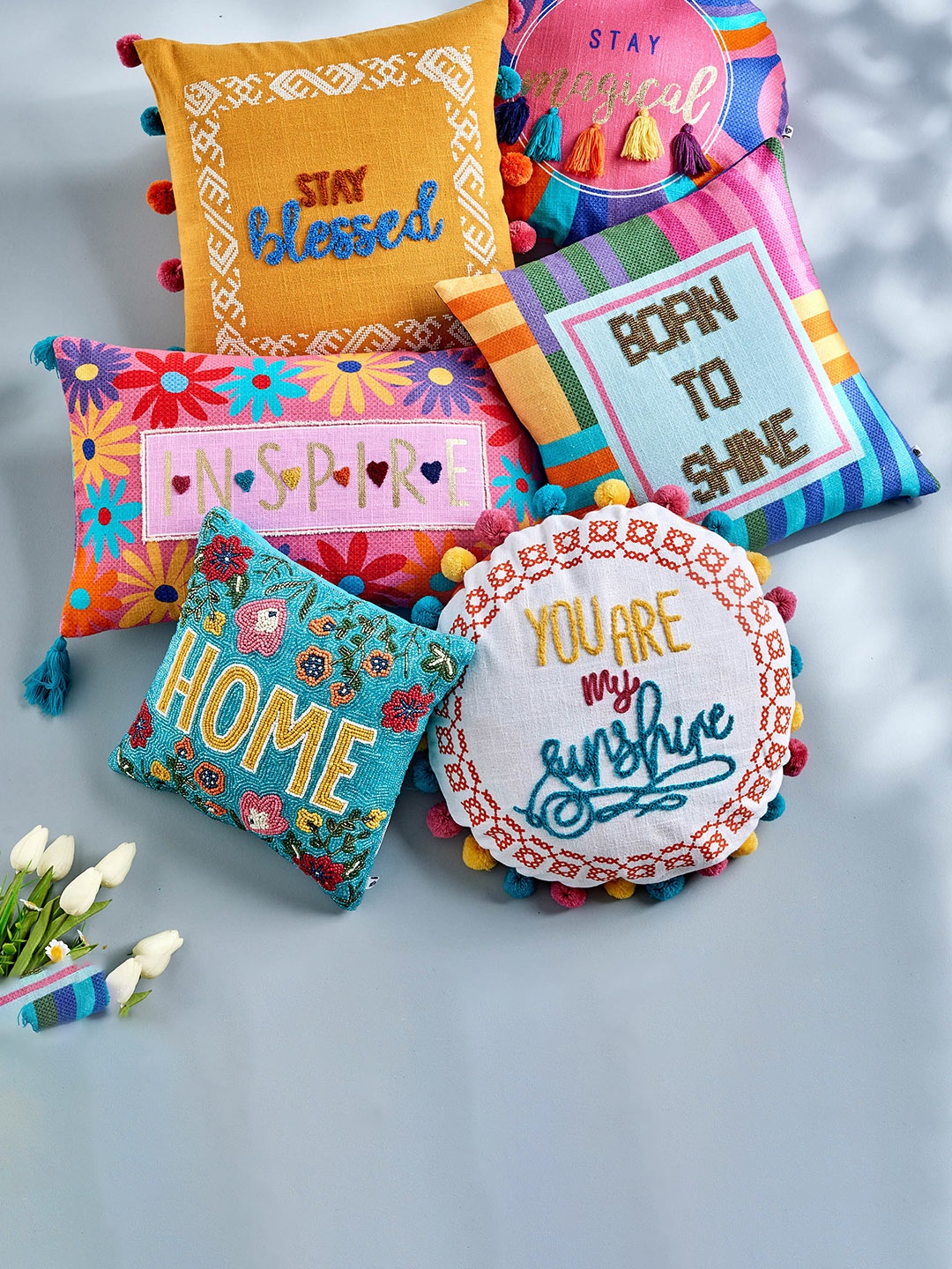 

Home Centre Glance Yellow Embroidered Filled Cotton Cushion