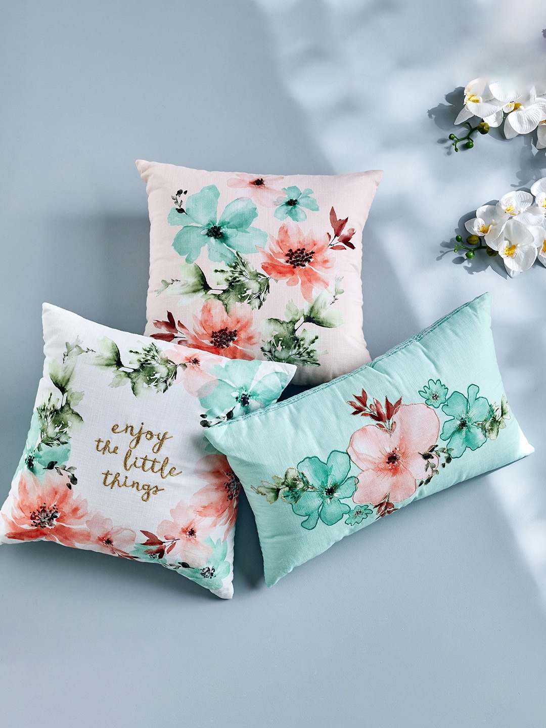 

Home Centre Pink Floral Printed & Embroidered Square Shaped Pre-Filled Cotton Cushion