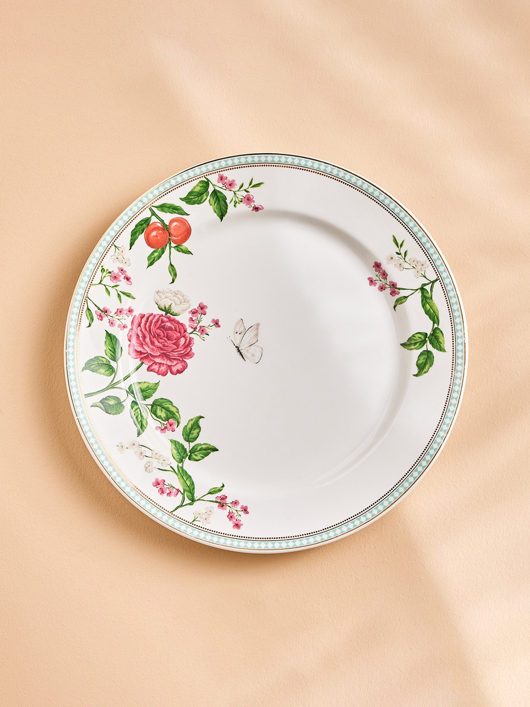 

Home Centre 1 Piece White & Pink Floral Printed Bone China Matte Plates