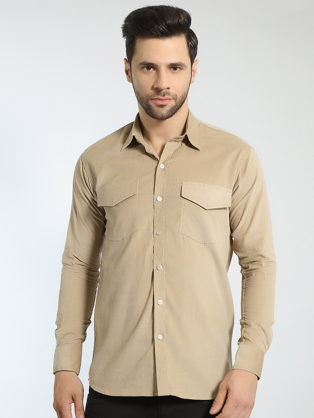 

Wintage Spread Collar Classic Corduroy Cotton Casual Shirt, Beige