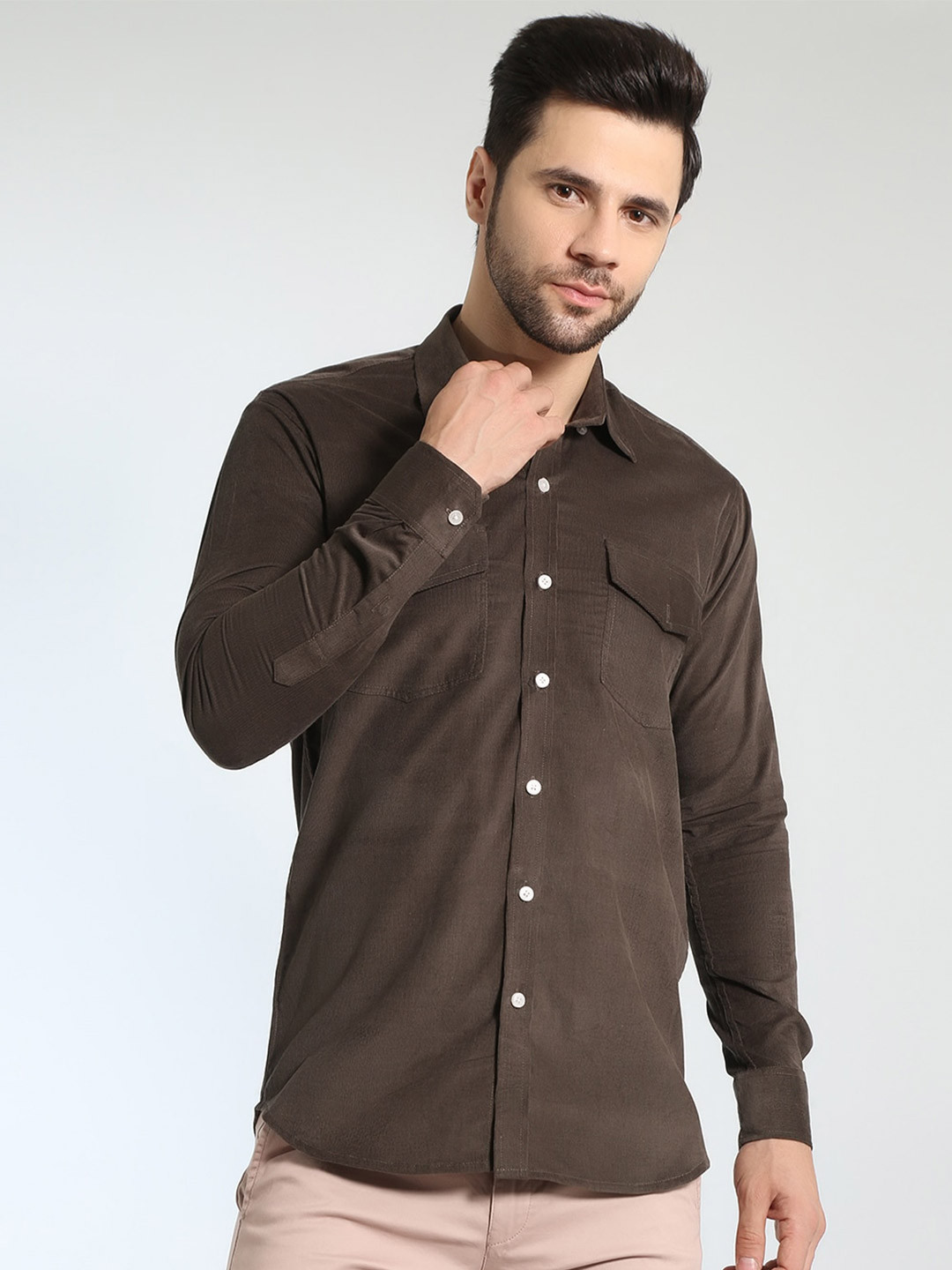 

Wintage Spread Collar Classic Fit Casual Corduroy Shirt, Brown