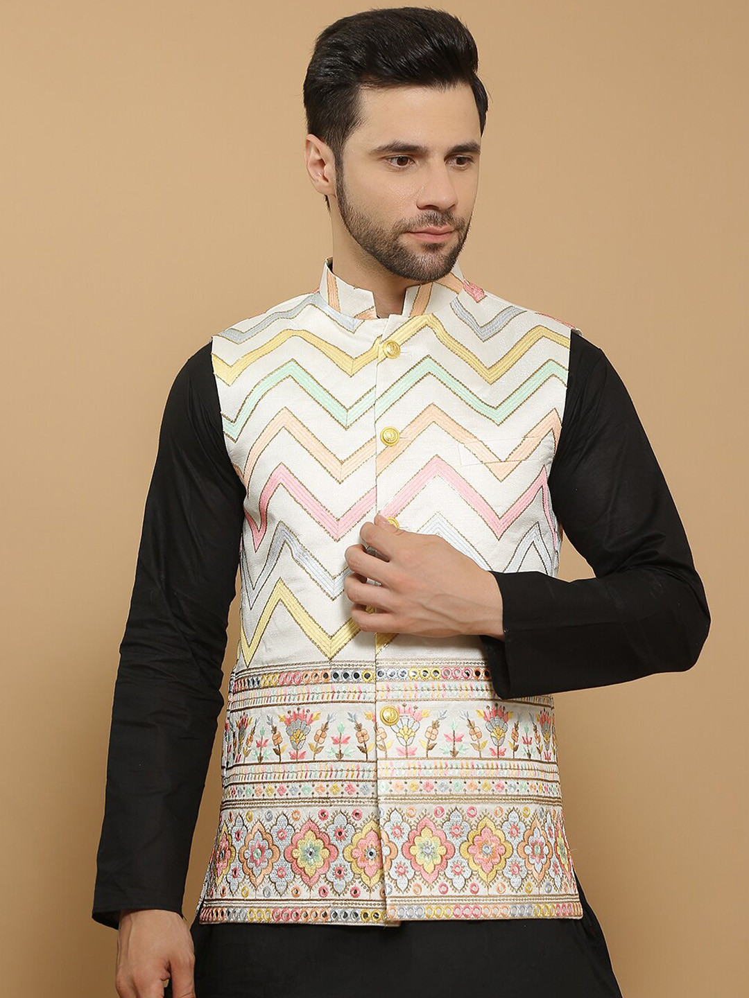 

Wintage Printed Linen Modi Nehru Jackets, Cream