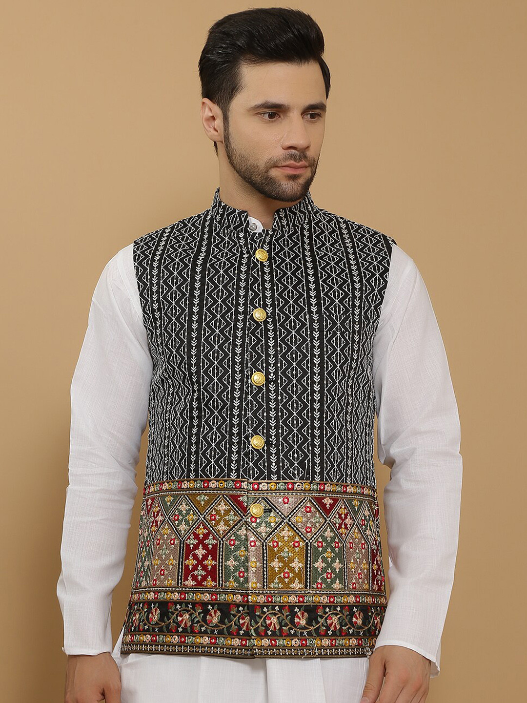 

Wintage Embroidered Cotton Silk Nehru Jacket, Black