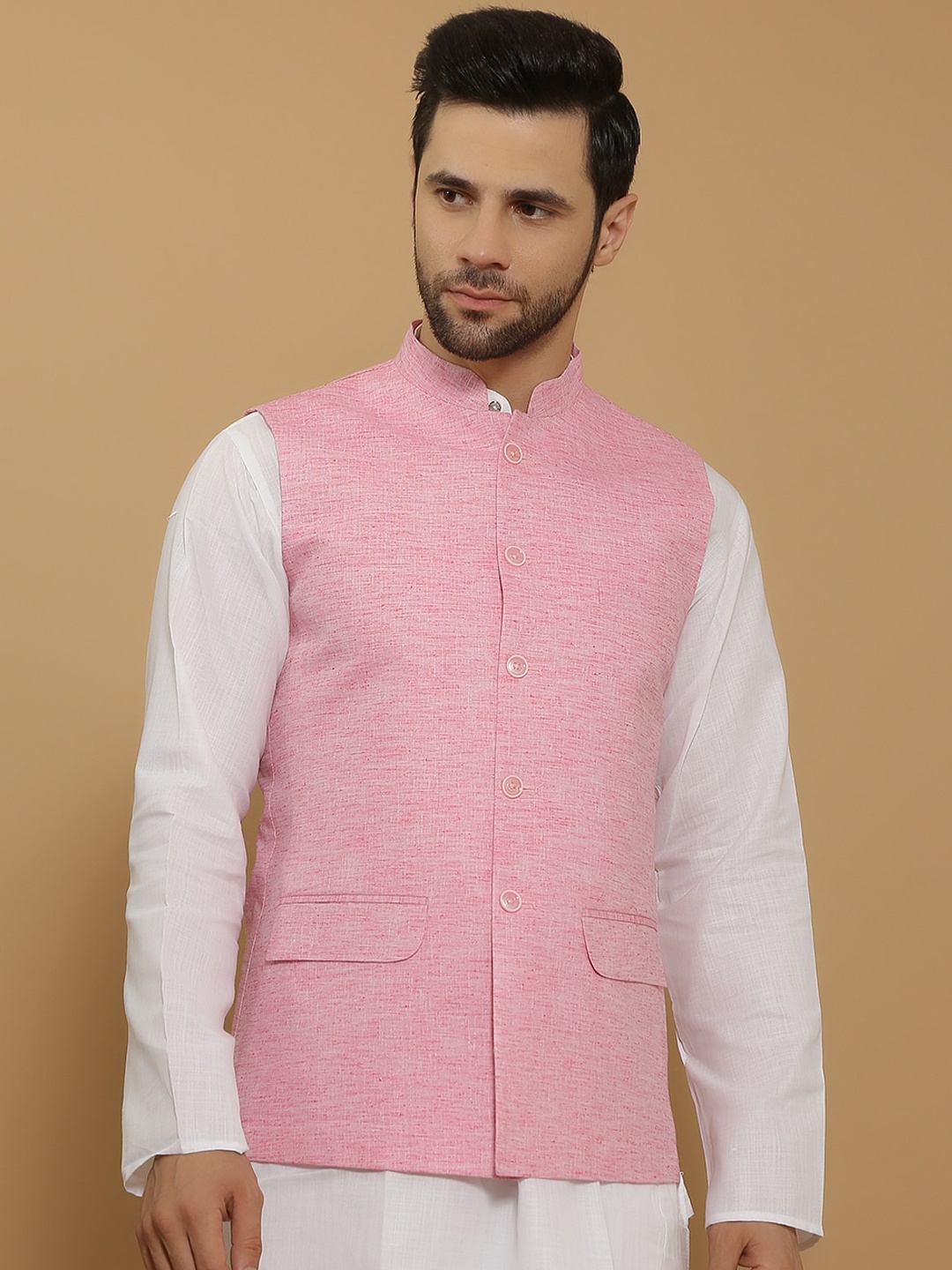

Wintage Self Design Linen Cotton Modi Nehru Jacket, Pink