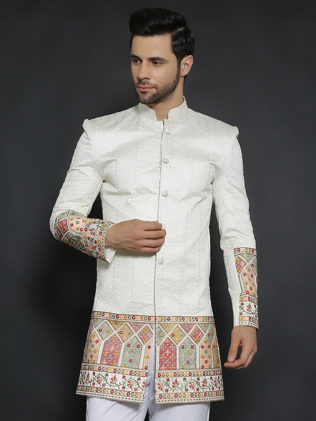 

Wintage Men Printed Bandhgala Casual Blazers, Cream