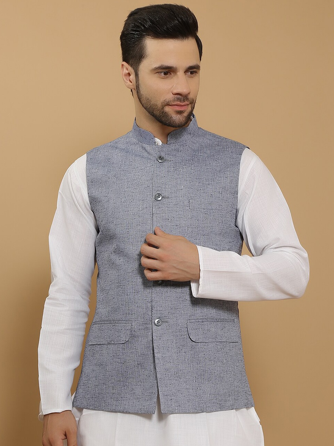 

Wintage Mandarin Collar Linen Cotton Nehru Jacket, Blue