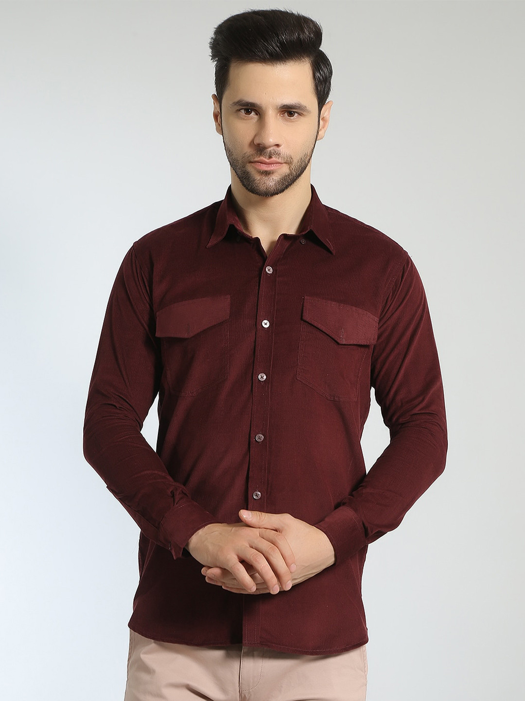

Wintage Spread Collar Classic Corduroy Cotton Casual Shirt, Maroon