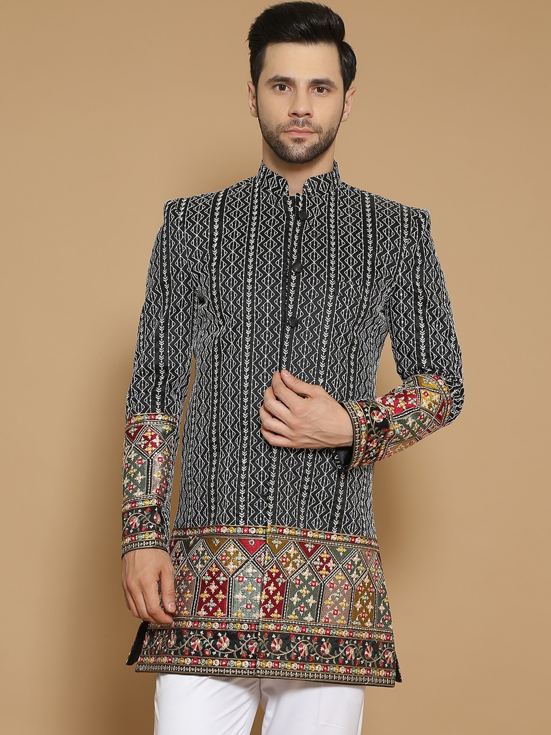 

Wintage Men Printed Bandhgala Casual Blazers, Black