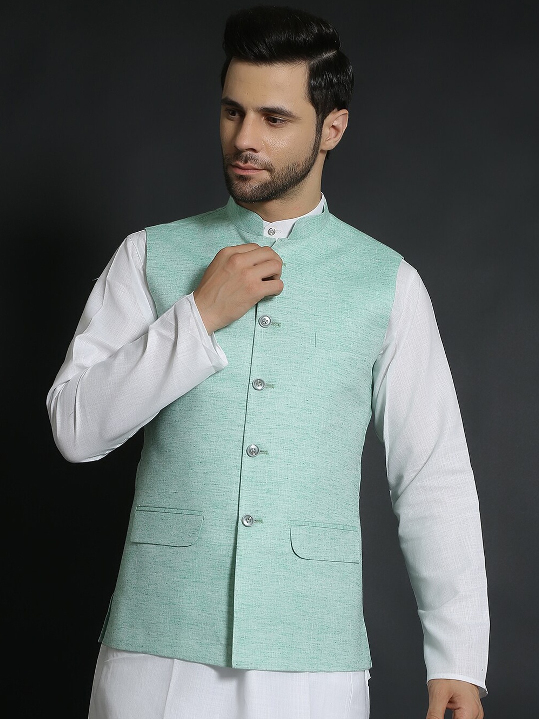 

Wintage Linen Cotton Nehru Jacket, Green