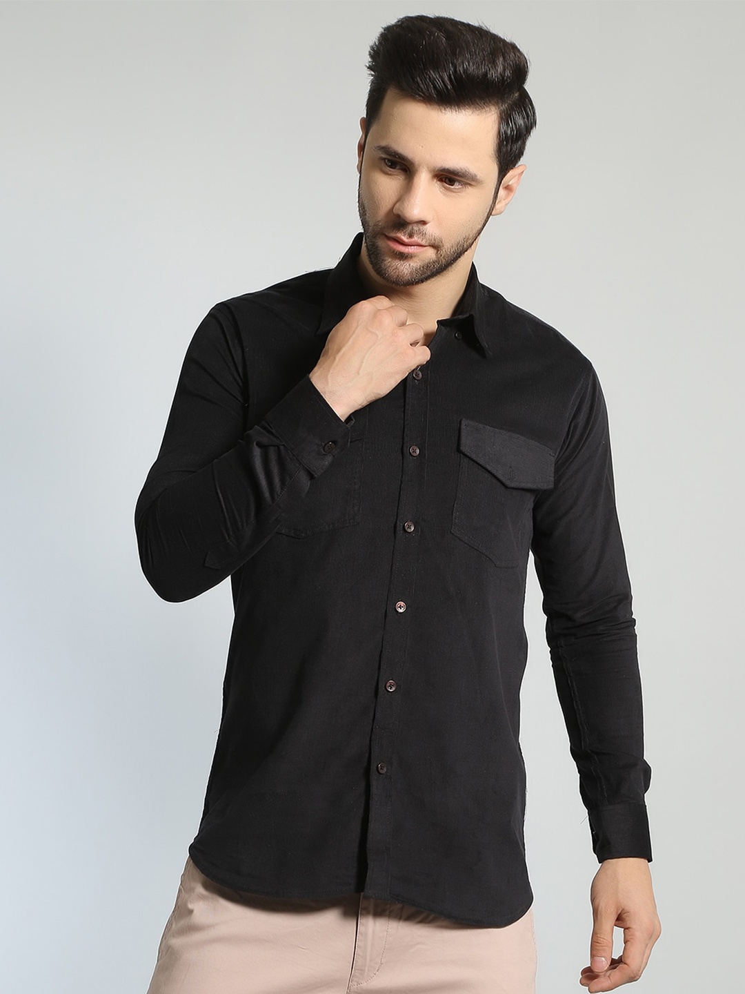 

Wintage Spread Collar Classic Fit Casual Corduroy Shirt, Black
