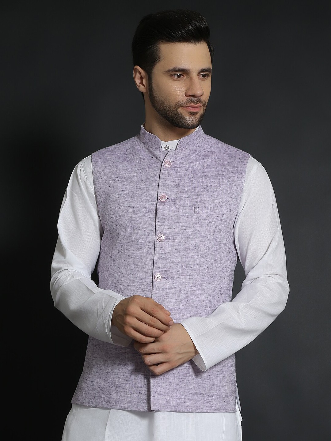 

Wintage Mandarin Collar Linen Cotton Nehru Jacket, Purple