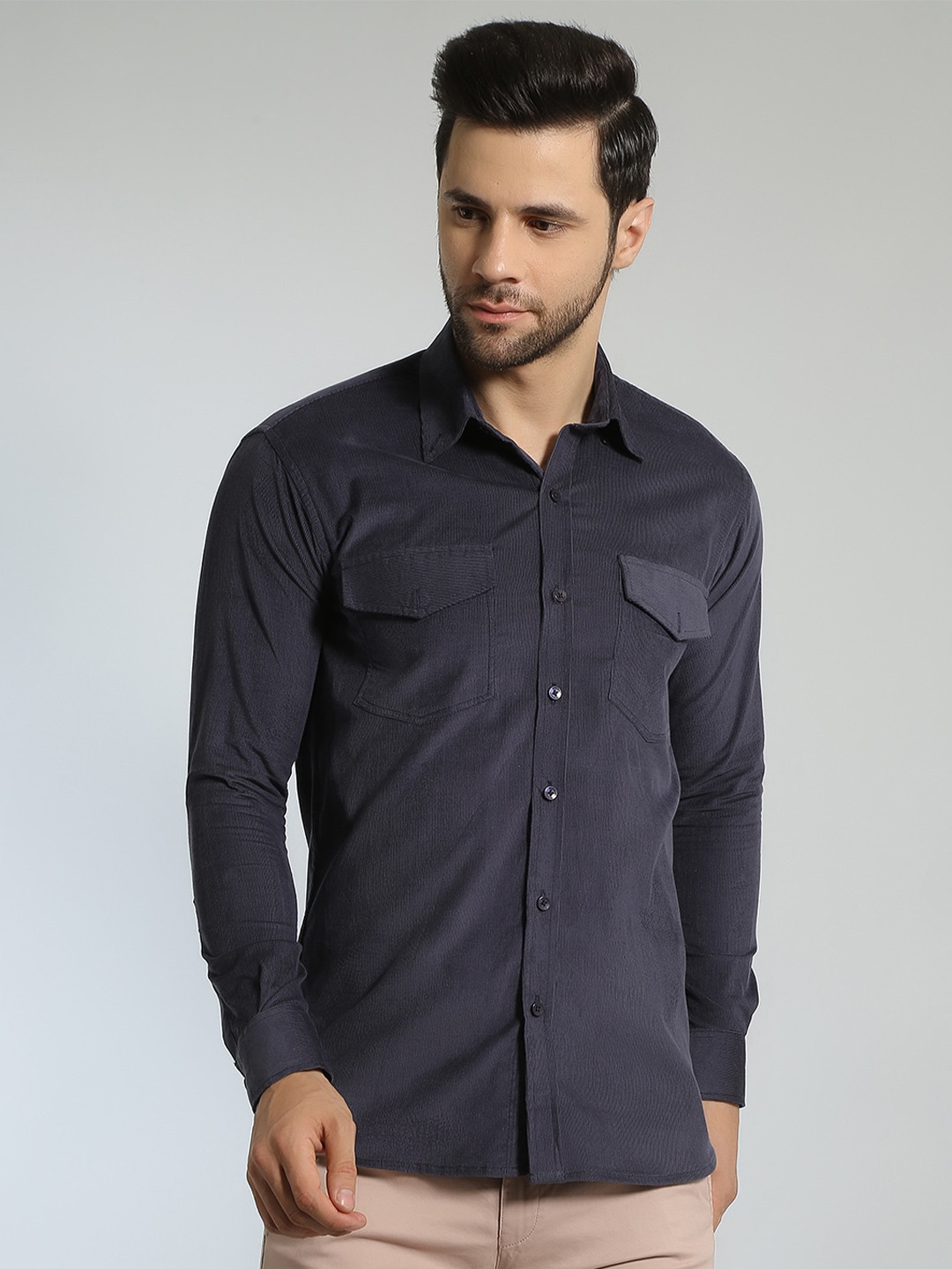 

Wintage Spread Collar Classic Corduroy Cotton Casual Shirt, Navy blue