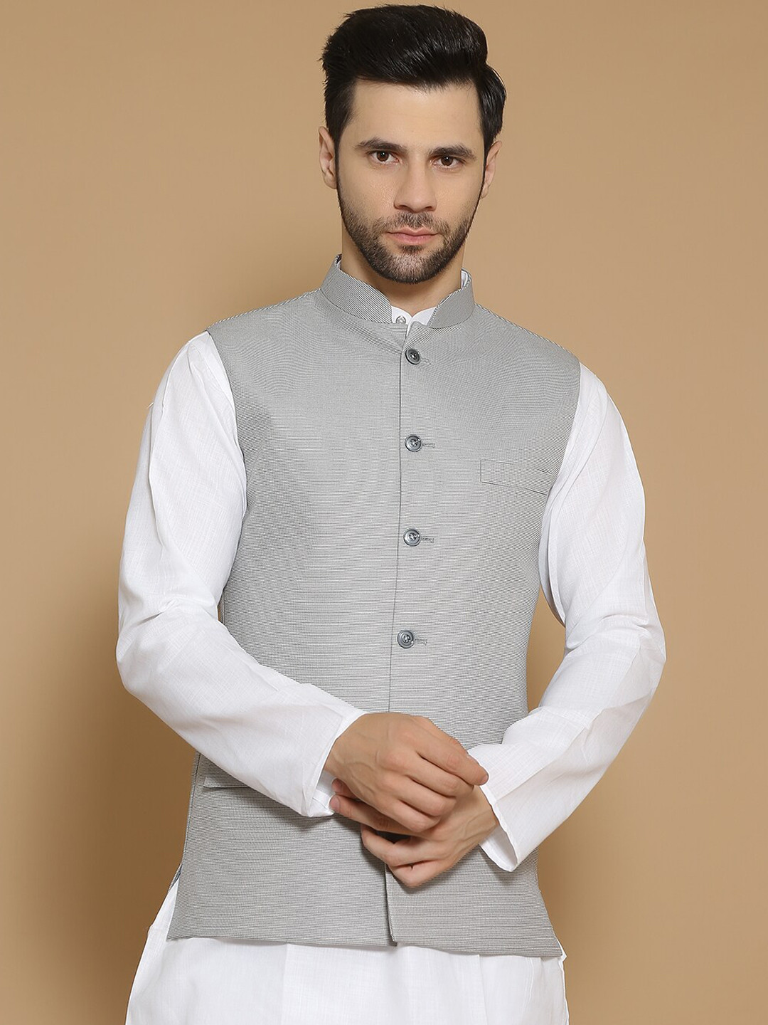 

Wintage Self Design Mandarin Collar Modi Nehru Jacket, Grey