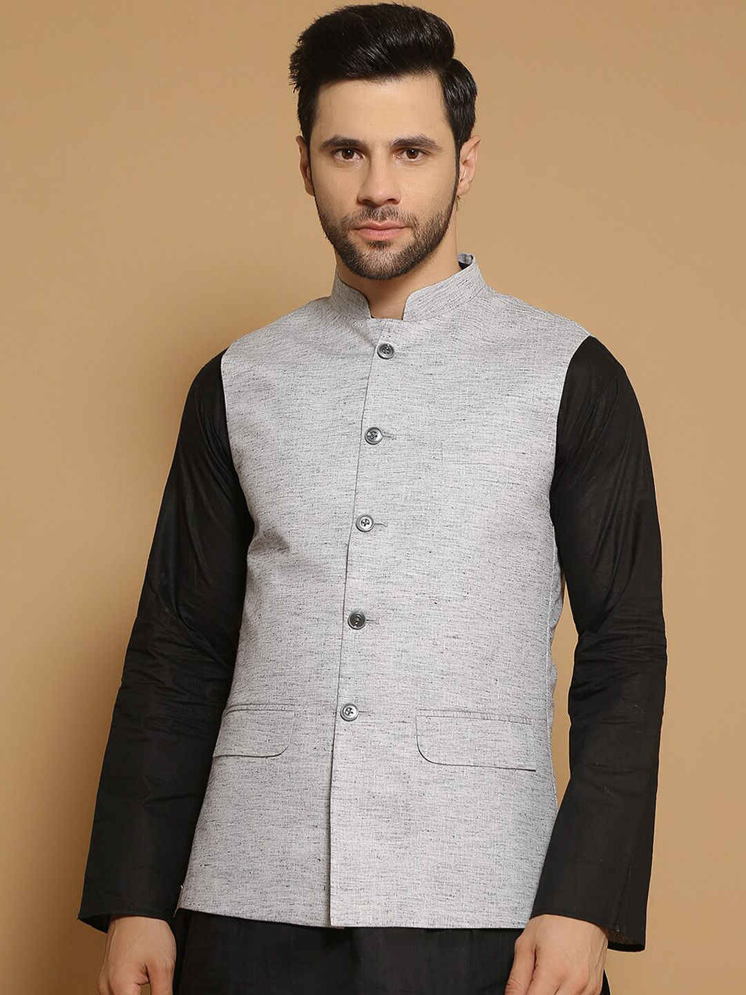 

Wintage Mandarin Collar Cotton Linen Nehru Jacket, Grey