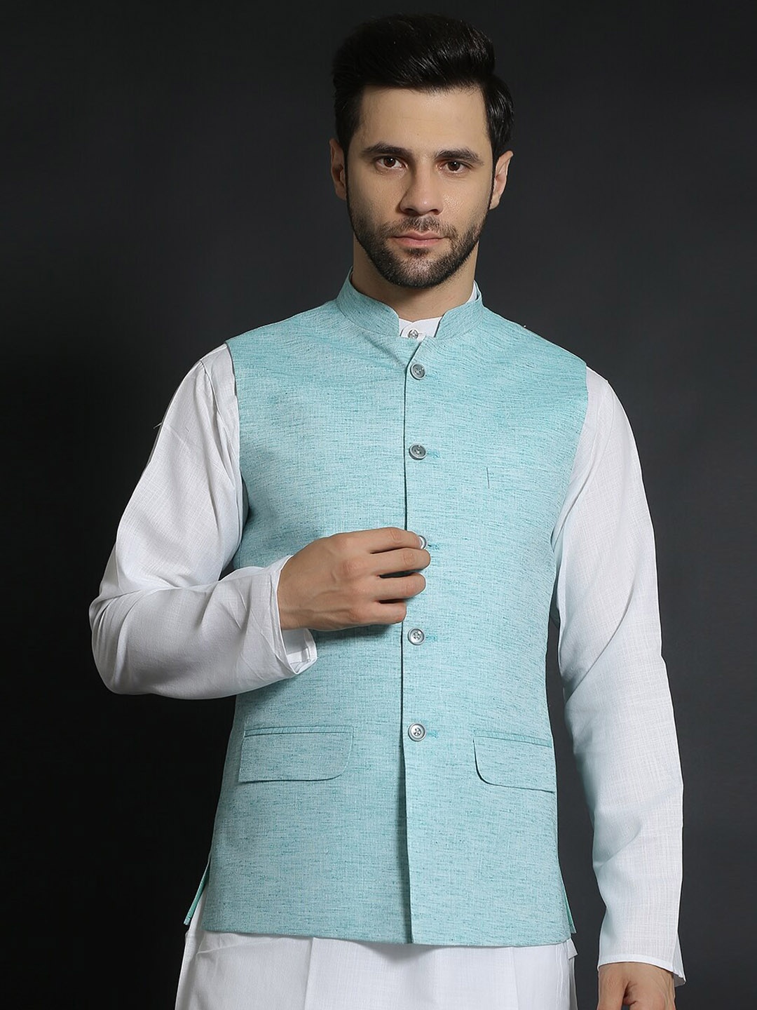 

Wintage Cotton Linen Mandarin Collar Nehru Jacket, Green