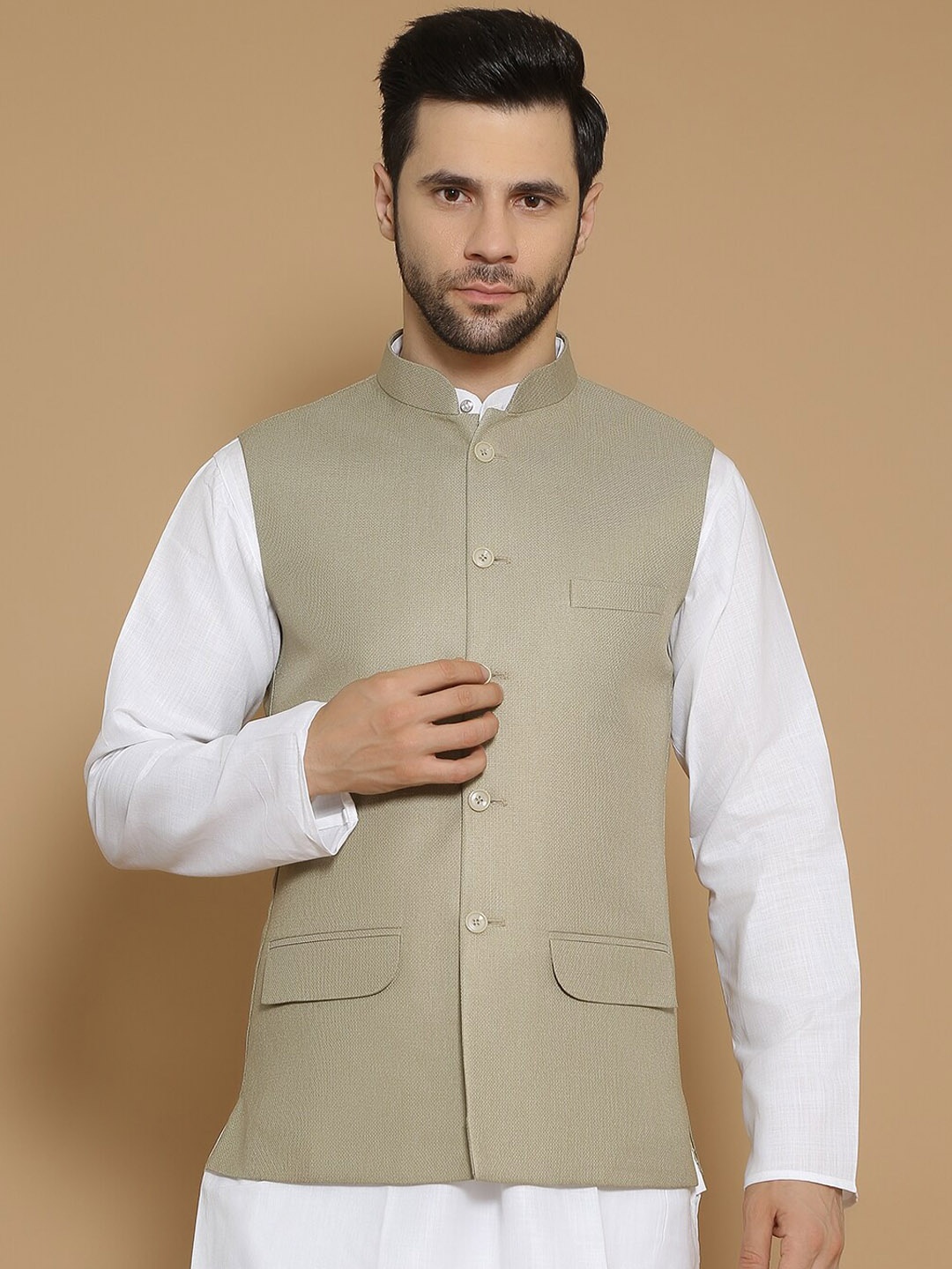 

Wintage Mandarin Collar Single-Breasted Blazer, Beige