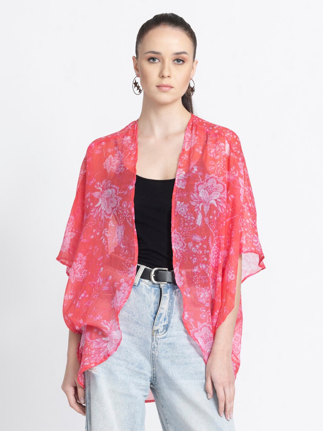 

SHAYE Floral Printed Front Open Pure Cotton Shrug, Pink