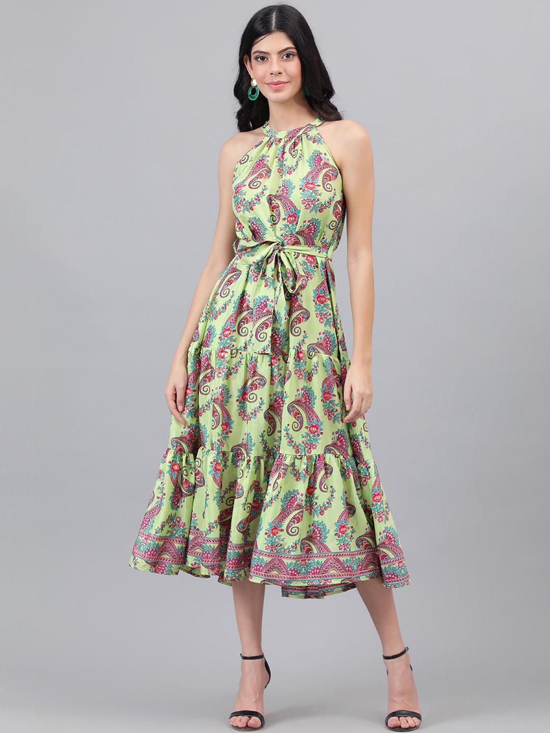 

Kotty Green And Maroon Paisley Printed Halter Neck Tiered Fit & Flare Midi Dress