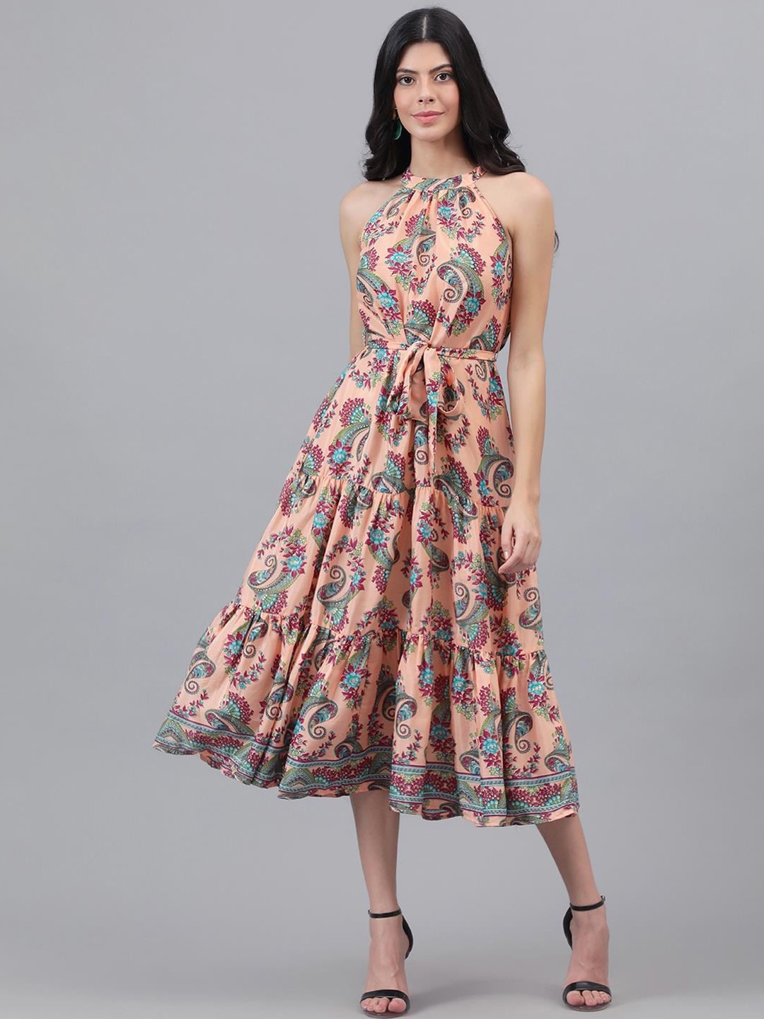 

Kotty Orange and Maroon Paisley Printed Choker Neck Tiered Fit & Flare Midi Dress