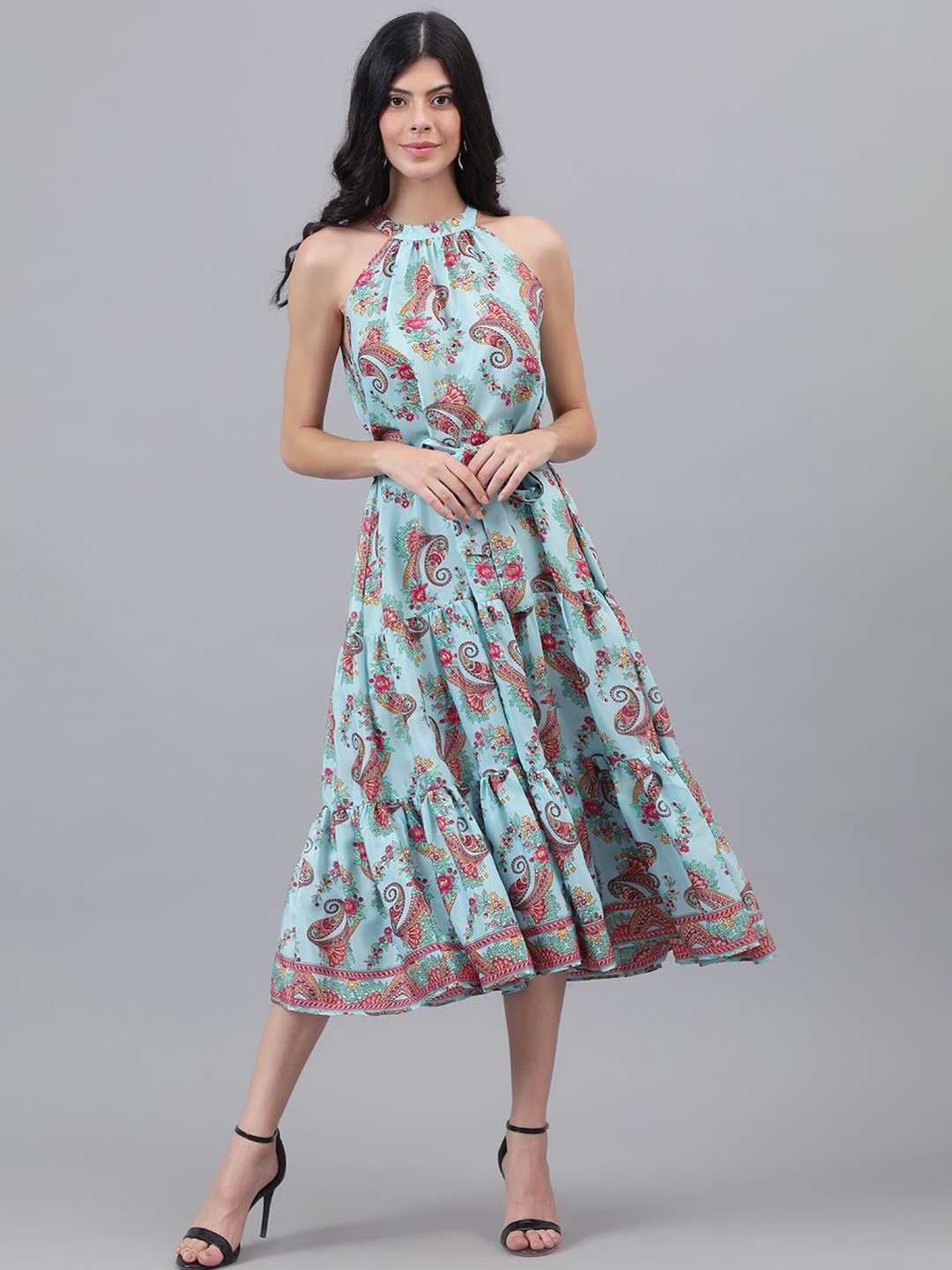 

Kotty Turquoise Blue And Maroon Paisley Printed Halter Neck Tiered Fit & Flare Midi Dress