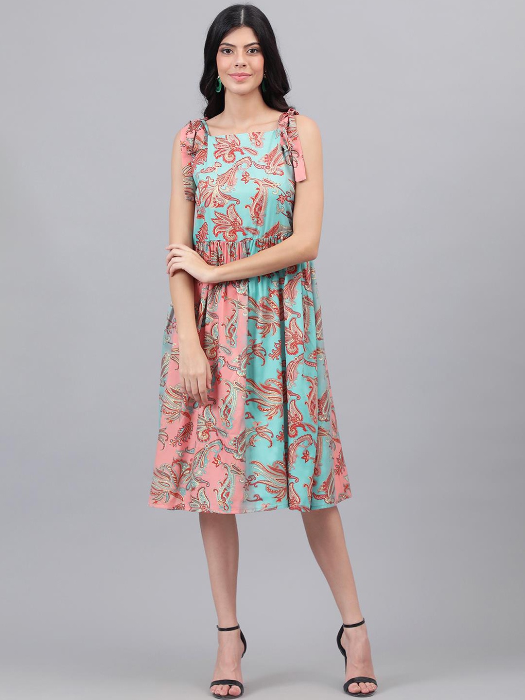 

Kotty Pink And Sea Green Paisley Ethnic Print Fit & Flare Midi Dress