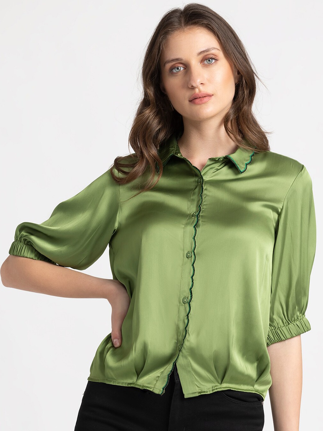 

SHAYE Classic Boxy Puff Sleeves Casual Shirt, Olive
