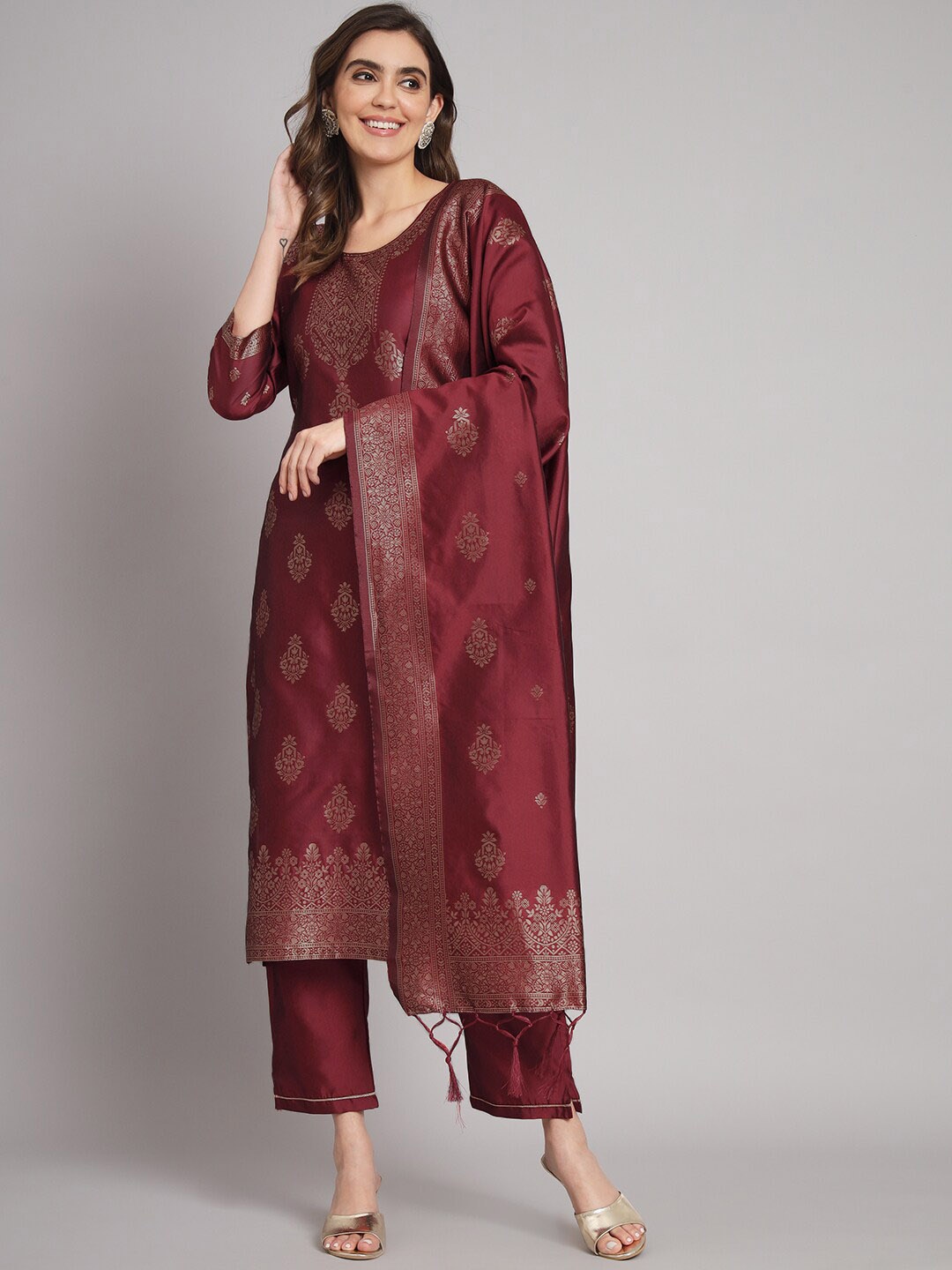 

KALINI Ethnic Motifs Regular Kurta With Trousers & Dupatta, Maroon