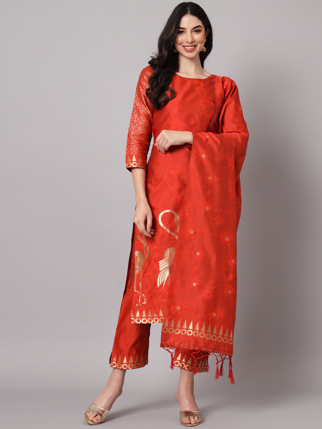 

KALINI Woven Design Straight Kurta & Trousers With Dupatta, Red