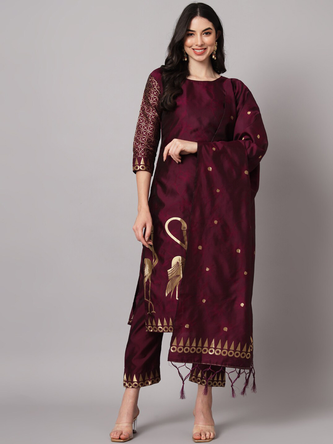 

KALINI Woven Design Straight Kurta & Trousers With Dupatta, Purple