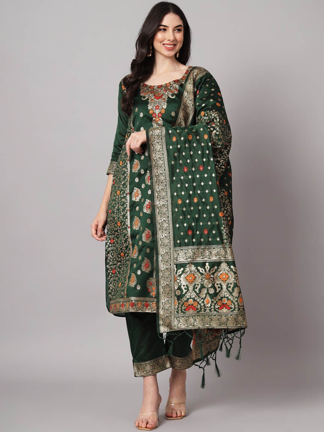 

KALINI Ethnic Motifs Woven Design Straight Kurta & Trousers With Dupatta, Green
