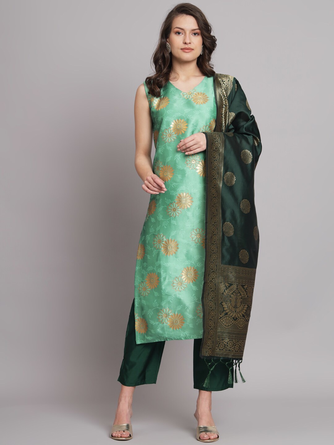 

KALINI Ethnic Motifs Woven Design Kurta With Trousers & Dupatta, Green